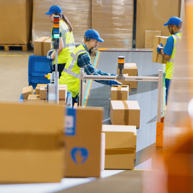 Workers in Logistics Terminal Loading Cardboard Boxes and Parcels with Goods onto a Conveyor System. Men and a Female Maintaining the Flow of Products for International Trade