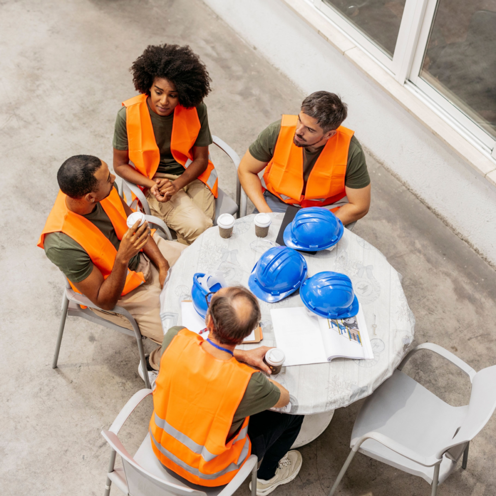 A multi-racial, gender diverse group of engineers wearing orange hi-vis vests sit at a table with blue hard hats and paper documents on the table.